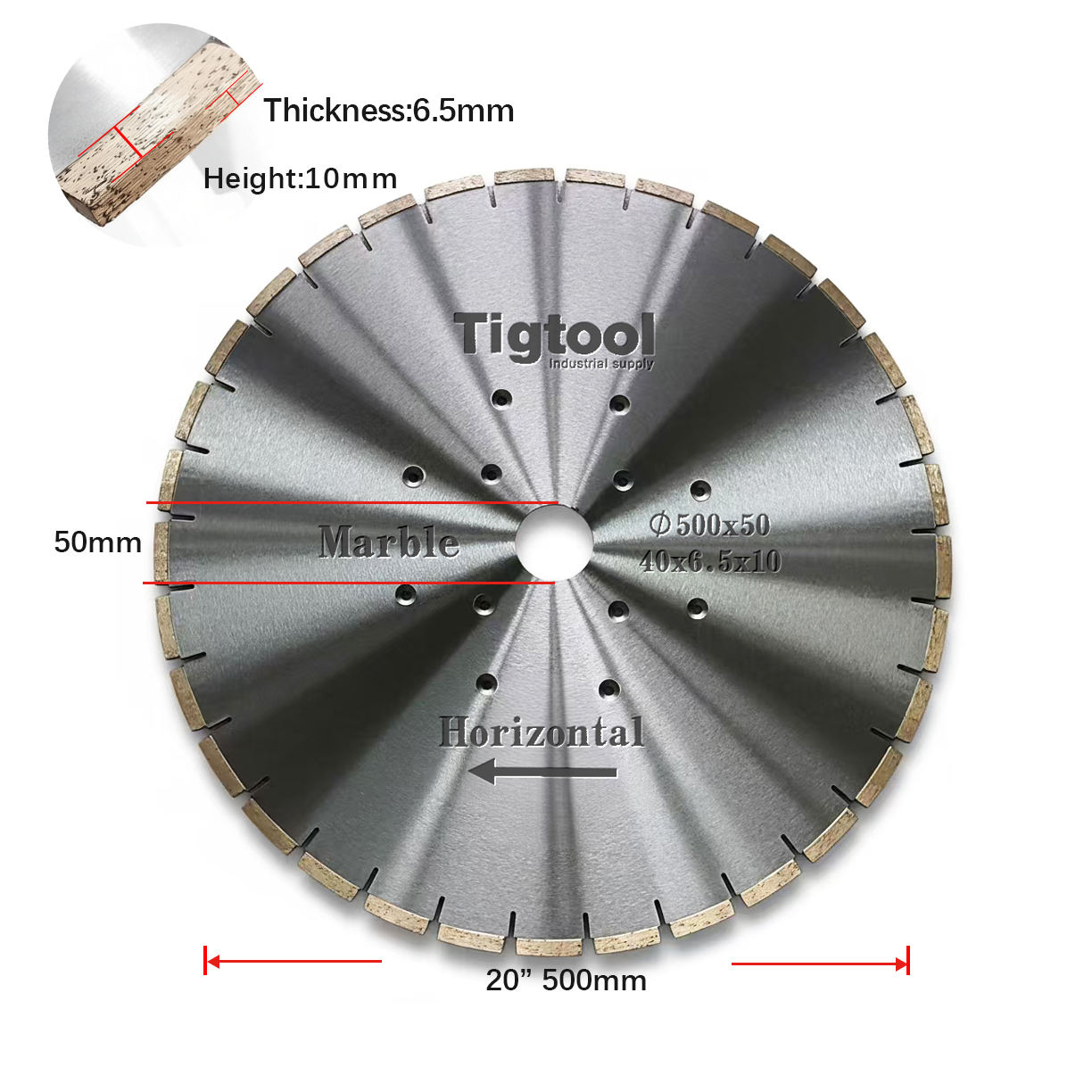 Customize for Horizontal Marble Edge Cutting Machine Tigtool OEM 20" 500mm Marble Horizontal Saw Blade