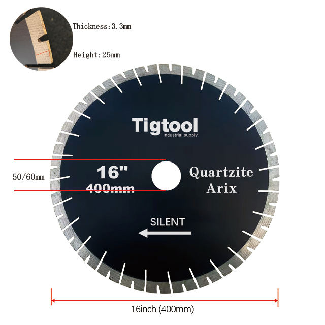 16" 400mm Quartzite Arix Silent Diamond Blade Height 25mm for Natural Taj Mahal and Sea Pearl Gaps Segments Sharp Specialized