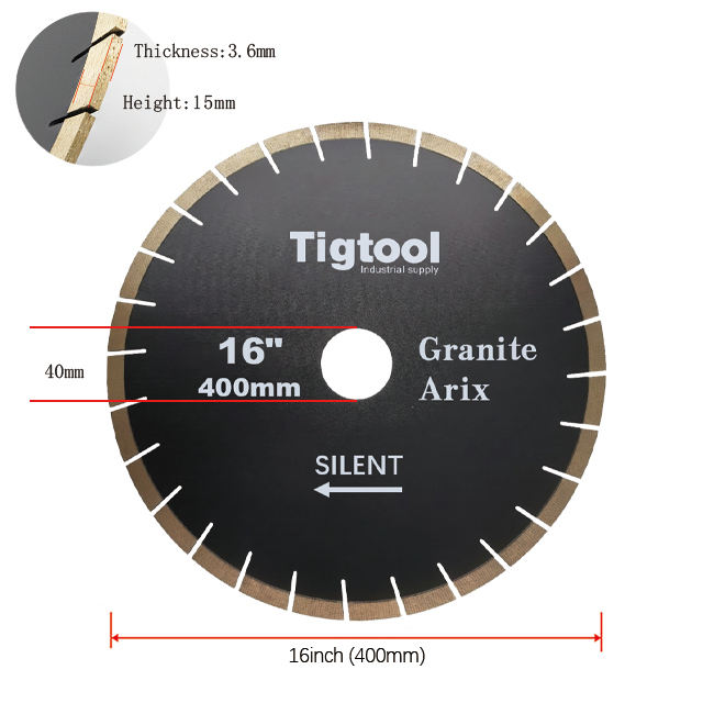 16" 400mm Granite Arix Silent Blade Height 15mm Wear-Resistant Arix Segments Wear Resistant High Sharpness Diamond Blade