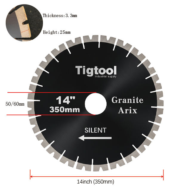 14" 350mm Granite Arix Silent Blade Height 25mm Wear-Resistant Arix Gaps Segments High Sharpness Diamond Blade