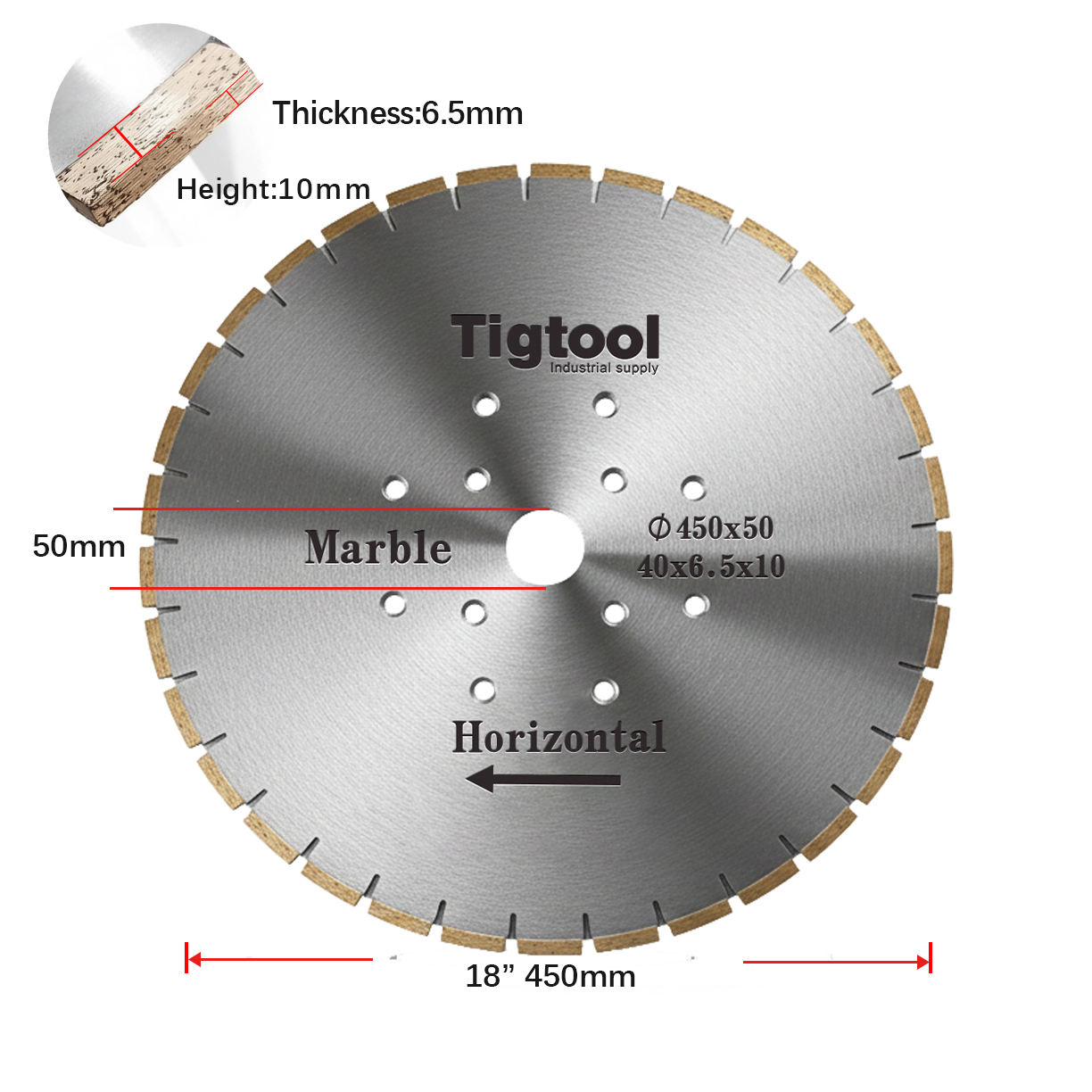 Customize for Horizontal Marble Edge Cutting Machine Tigtool OEM 18" 450mm Marble Horizontal Saw Blade