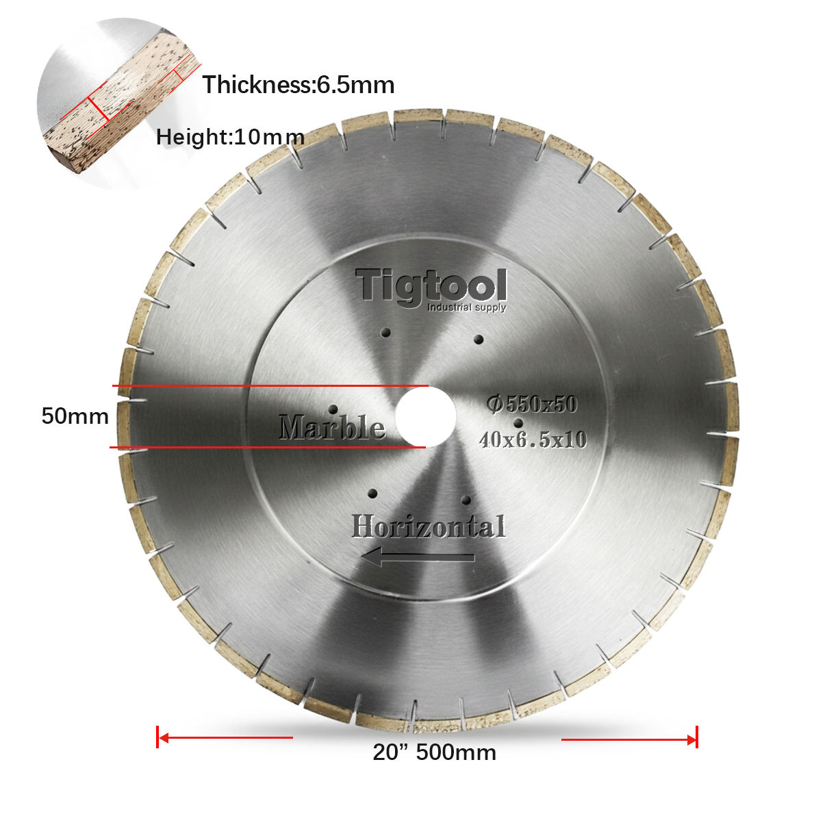 Customize for Horizontal Marble Edge Cutting Machine Tigtool OEM 22" 550mm Marble Horizontal Saw Blade